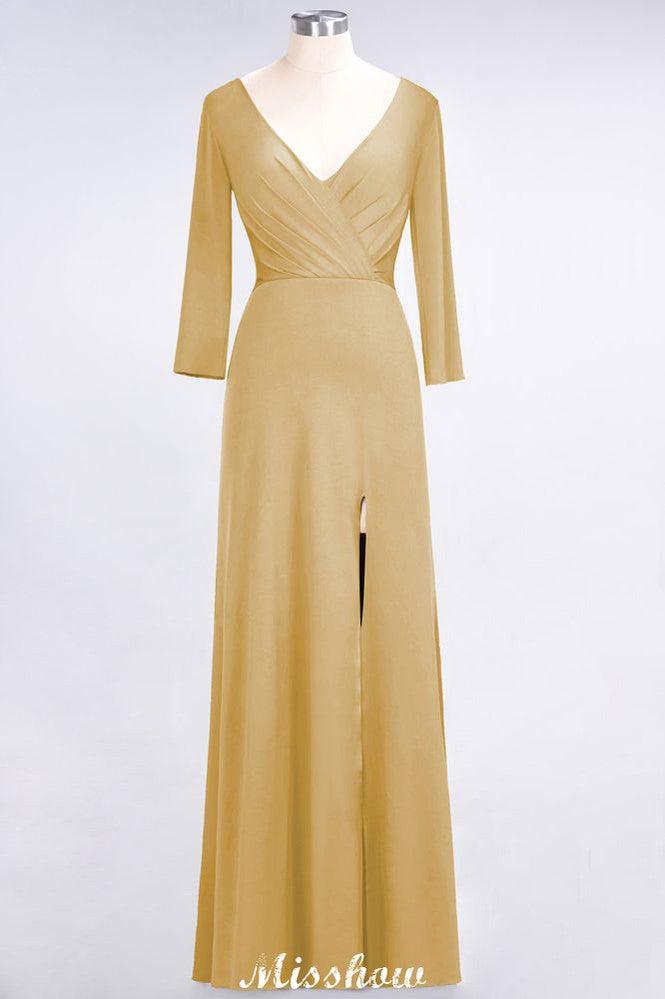 V-Neck Long-Sleeves Side-Slit Floor-Length Bridesmaid Dress with Ruffles