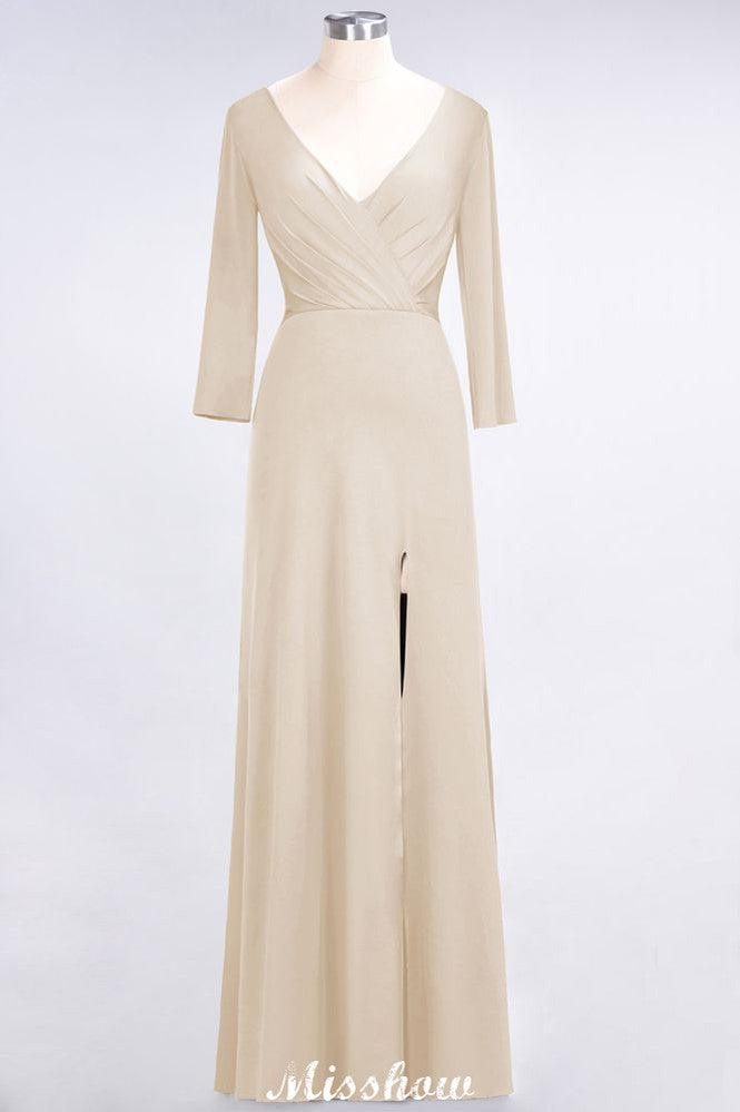 V-Neck Long-Sleeves Side-Slit Floor-Length Bridesmaid Dress with Ruffles