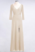 V-Neck Long-Sleeves Side-Slit Floor-Length Bridesmaid Dress with Ruffles