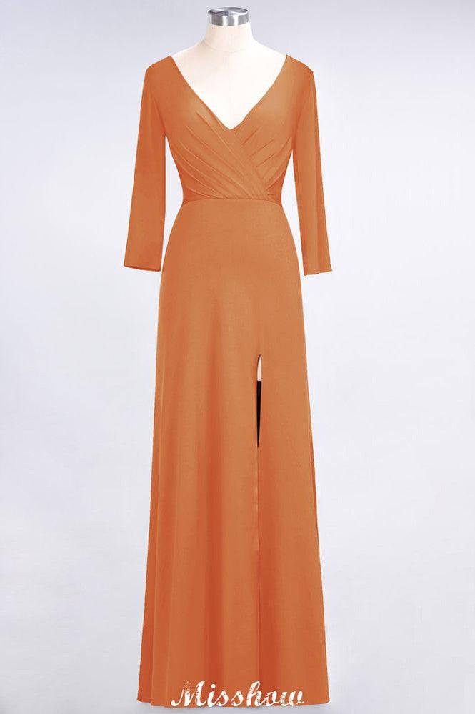 V-Neck Long-Sleeves Side-Slit Floor-Length Bridesmaid Dress with Ruffles