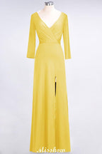 V-Neck Long-Sleeves Side-Slit Floor-Length Bridesmaid Dress with Ruffles
