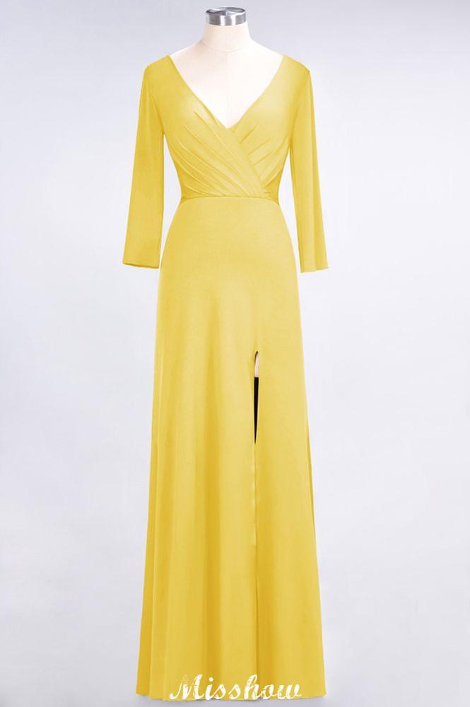 V-Neck Long-Sleeves Side-Slit Floor-Length Bridesmaid Dress with Ruffles