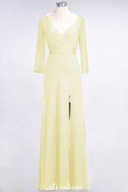 V-Neck Long-Sleeves Side-Slit Floor-Length Bridesmaid Dress with Ruffles