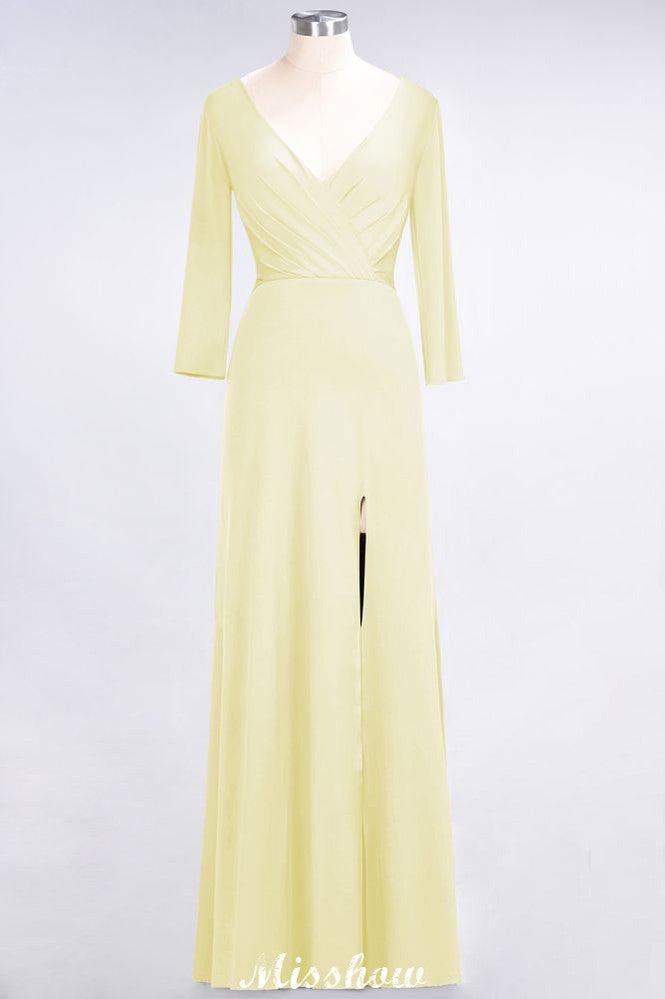 V-Neck Long-Sleeves Side-Slit Floor-Length Bridesmaid Dress with Ruffles