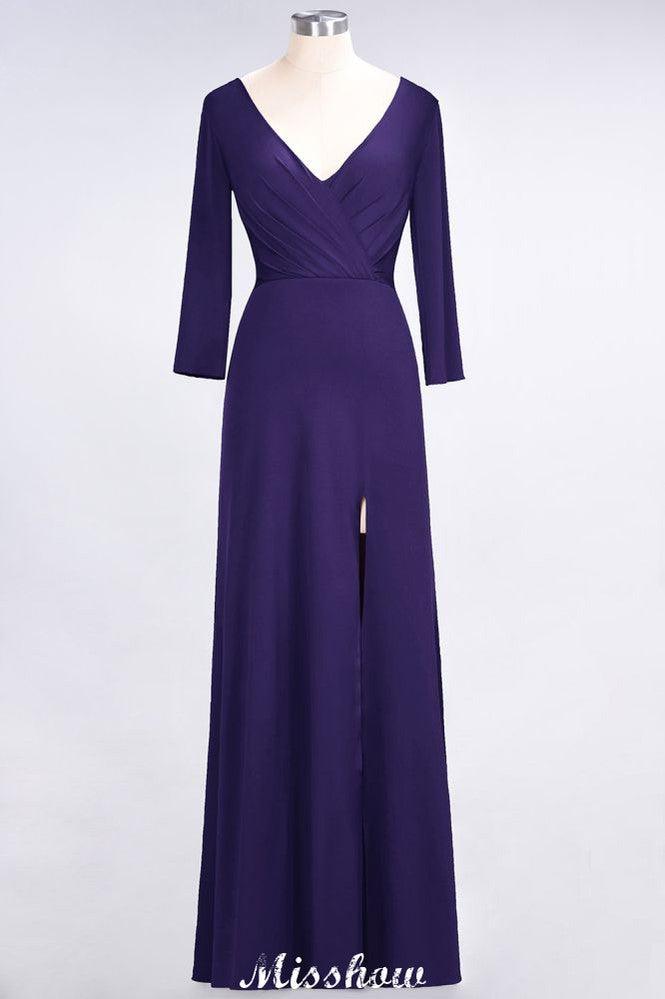 V-Neck Long-Sleeves Side-Slit Floor-Length Bridesmaid Dress with Ruffles