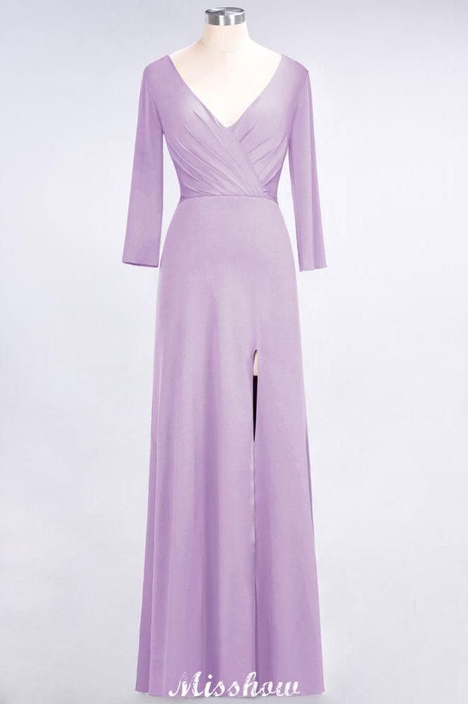 V-Neck Long-Sleeves Side-Slit Floor-Length Bridesmaid Dress with Ruffles