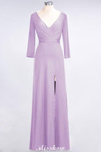 V-Neck Long-Sleeves Side-Slit Floor-Length Bridesmaid Dress with Ruffles