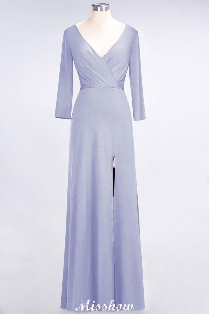 V-Neck Long-Sleeves Side-Slit Floor-Length Bridesmaid Dress with Ruffles