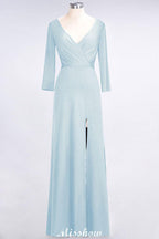 V-Neck Long-Sleeves Side-Slit Floor-Length Bridesmaid Dress with Ruffles