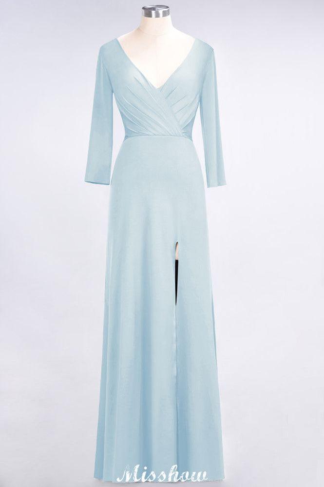 V-Neck Long-Sleeves Side-Slit Floor-Length Bridesmaid Dress with Ruffles