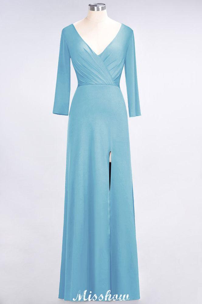 V-Neck Long-Sleeves Side-Slit Floor-Length Bridesmaid Dress with Ruffles