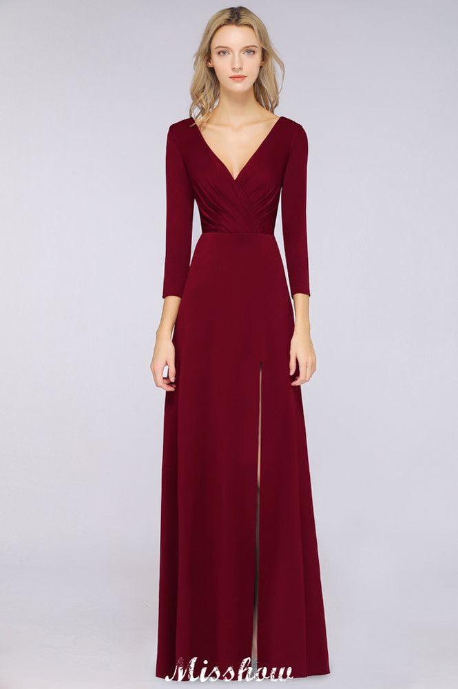 V-Neck Long-Sleeves Side-Slit Floor-Length Bridesmaid Dress with Ruffles