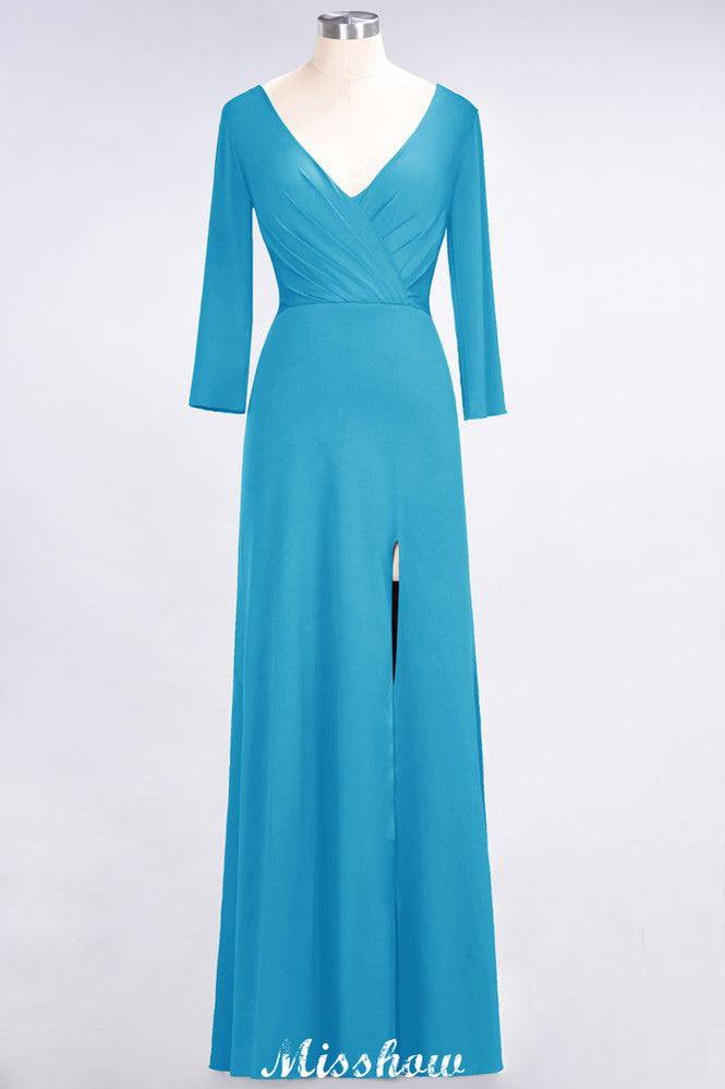 V-Neck Long-Sleeves Side-Slit Floor-Length Bridesmaid Dress with Ruffles