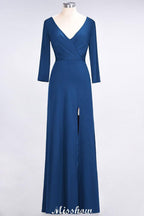 V-Neck Long-Sleeves Side-Slit Floor-Length Bridesmaid Dress with Ruffles