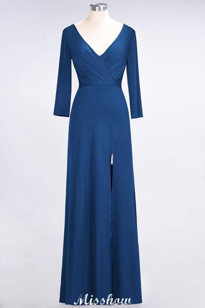 V-Neck Long-Sleeves Side-Slit Floor-Length Bridesmaid Dress with Ruffles