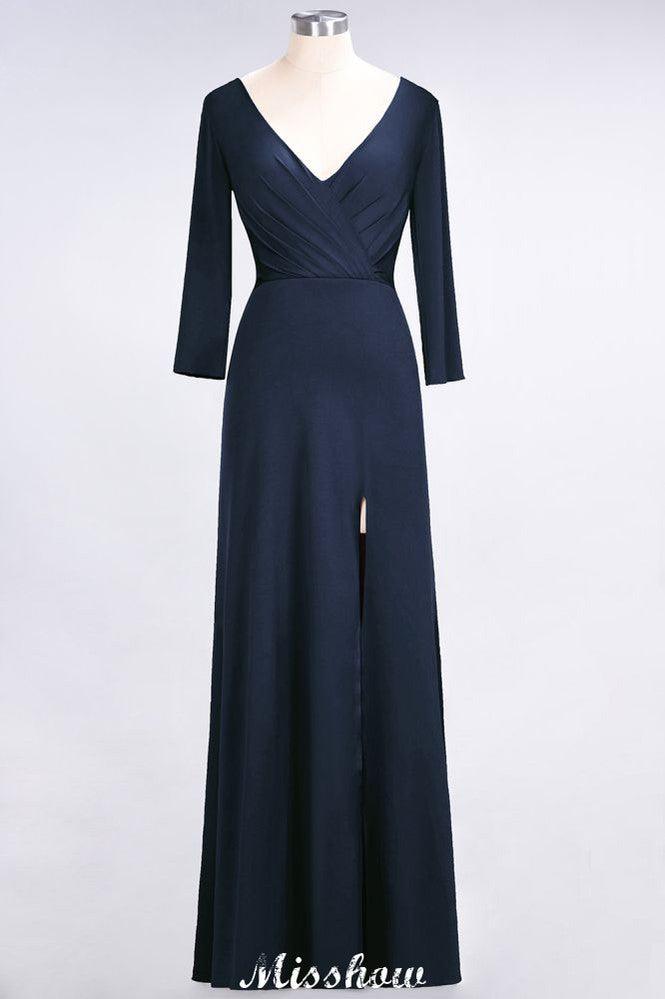 V-Neck Long-Sleeves Side-Slit Floor-Length Bridesmaid Dress with Ruffles