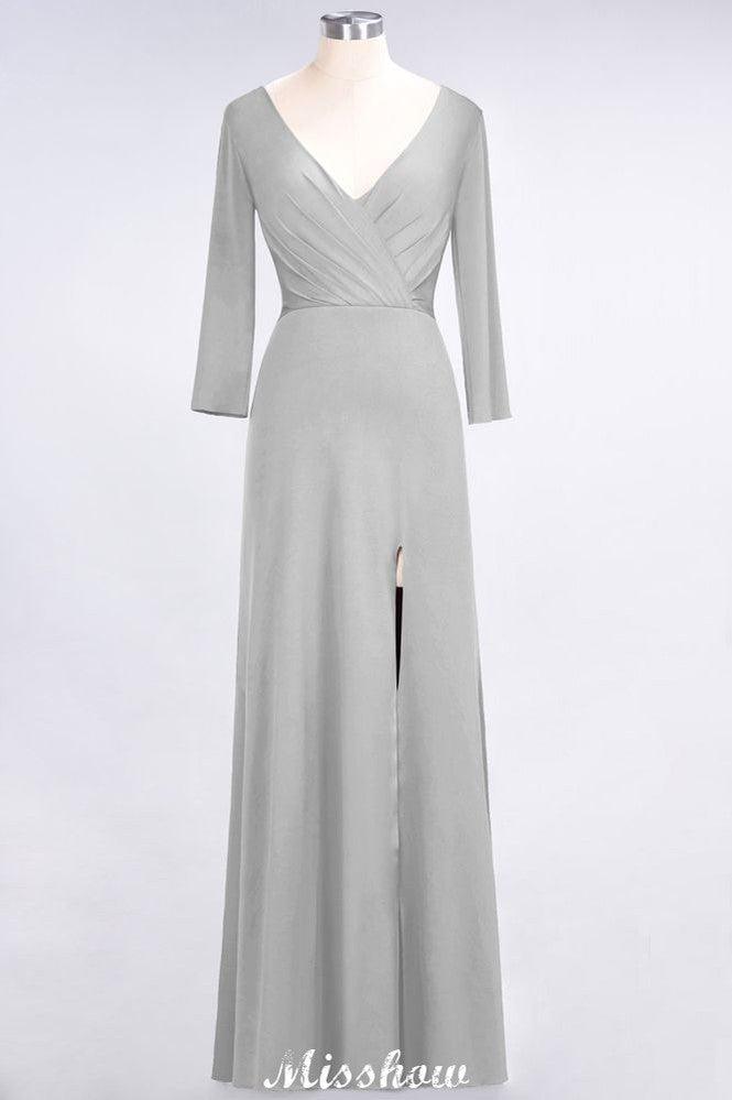 V-Neck Long-Sleeves Side-Slit Floor-Length Bridesmaid Dress with Ruffles