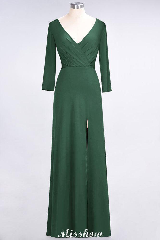 V-Neck Long-Sleeves Side-Slit Floor-Length Bridesmaid Dress with Ruffles