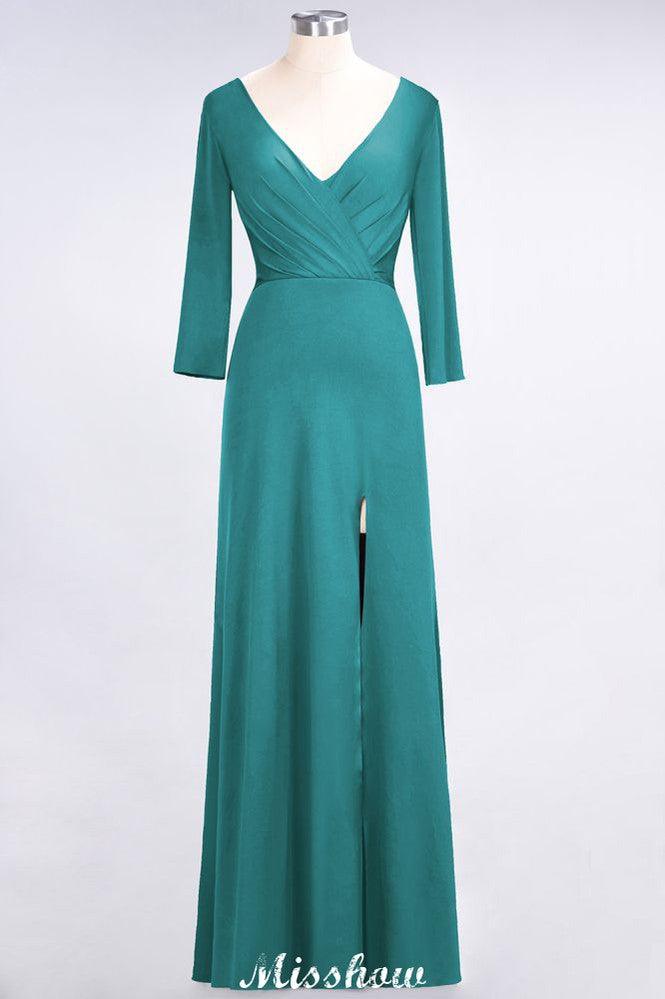 V-Neck Long-Sleeves Side-Slit Floor-Length Bridesmaid Dress with Ruffles