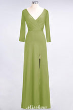 V-Neck Long-Sleeves Side-Slit Floor-Length Bridesmaid Dress with Ruffles
