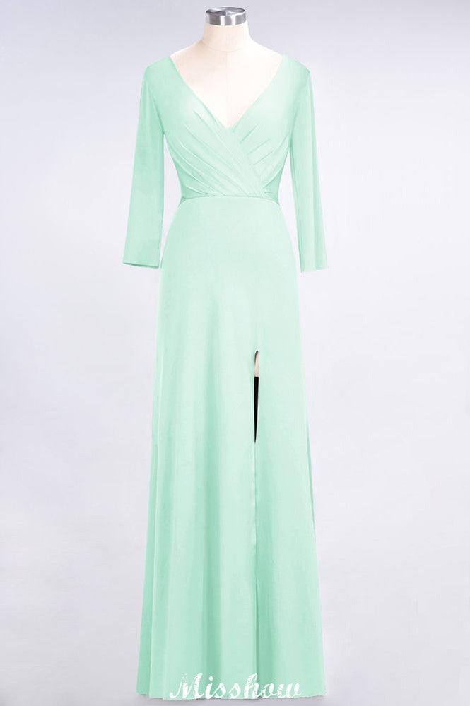 V-Neck Long-Sleeves Side-Slit Floor-Length Bridesmaid Dress with Ruffles