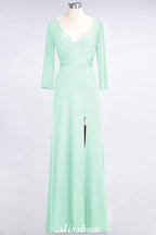 V-Neck Long-Sleeves Side-Slit Floor-Length Bridesmaid Dress with Ruffles