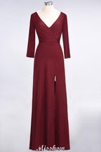 V-Neck Long-Sleeves Side-Slit Floor-Length Bridesmaid Dress with Ruffles