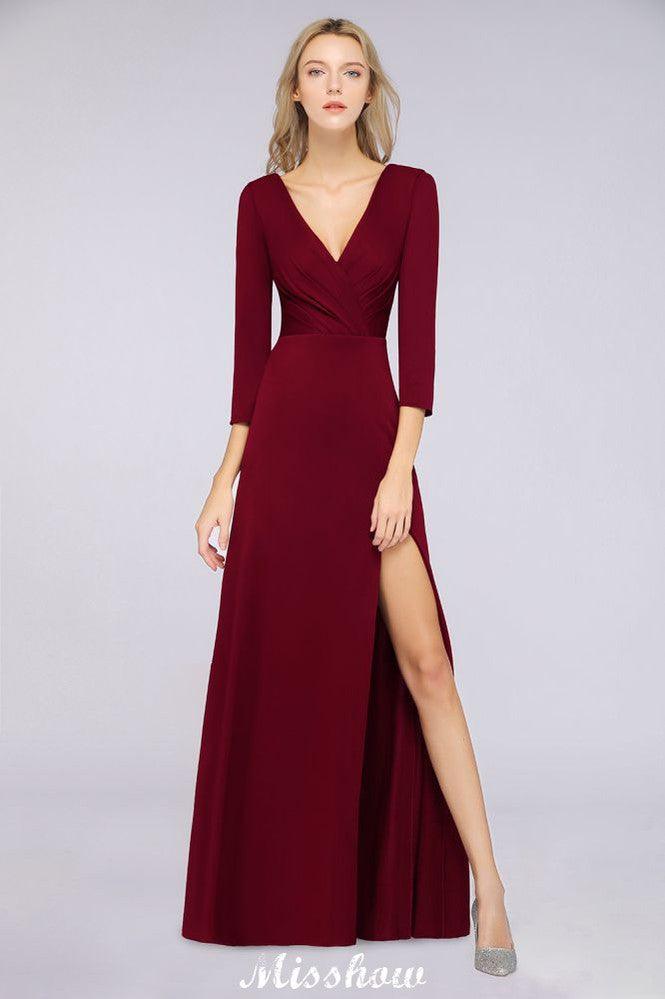 V-Neck Long-Sleeves Side-Slit Floor-Length Bridesmaid Dress with Ruffles