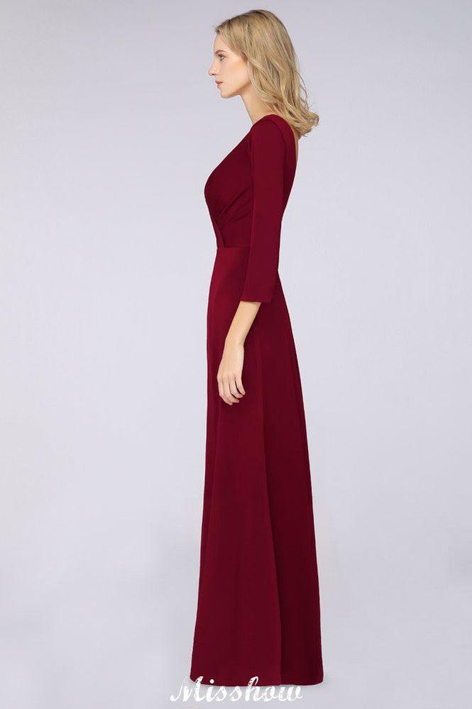 V-Neck Long-Sleeves Side-Slit Floor-Length Bridesmaid Dress with Ruffles