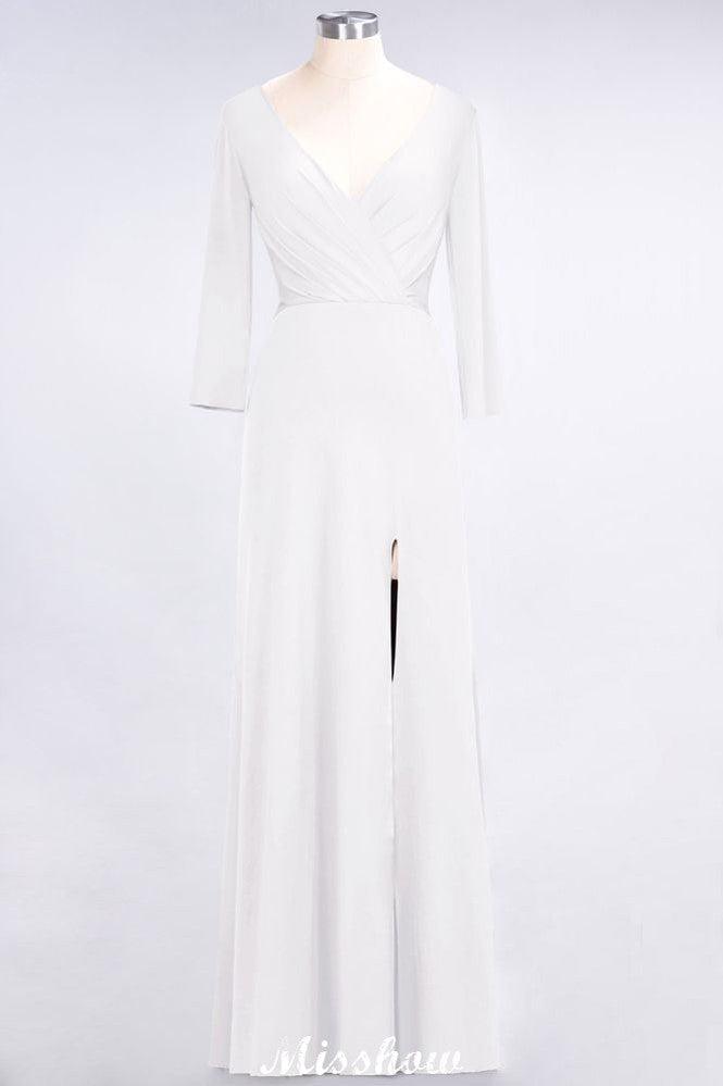 V-Neck Long-Sleeves Side-Slit Floor-Length Bridesmaid Dress with Ruffles