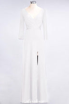 V-Neck Long-Sleeves Side-Slit Floor-Length Bridesmaid Dress with Ruffles