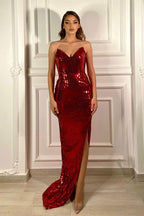 V Neck Mermaid Split Side Burgundy Long Prom Dress with Sequins