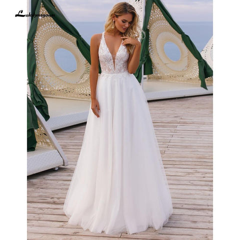 NumberSea V-Ausschnitt, schulterfrei, Spitze, Tüll, rückenfreies Brautkleid