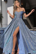 Abito da sera sirena lungo con scollo a V spalle scoperte, paillettes e spacco anteriore