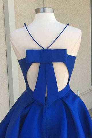 V-Ausschnitt, offener Rücken, königsblaues Satin-Heimkehrkleid mit Schleife, PD088