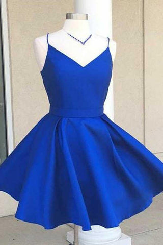 V-Ausschnitt, offener Rücken, königsblaues Satin-Heimkehrkleid mit Schleife, PD088