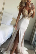 V-Ausschnitt, offener Rücken, Spaghettiträger, geteilt, langes Ballkleid mit Spitze, PG802