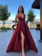 Long A-line V-Neck Satin Front Slit Prom Dress with Pocket