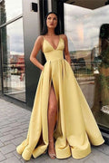 Vestido de fiesta largo en línea A con escote en V, satinado, abertura frontal y bolsillo