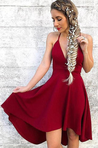 V-Ausschnitt, rote Spaghettiträger, High-Low, kurzes Homecoming-Kleid, PD100