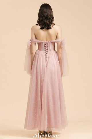 V-Ausschnitt Rüschen Chiffon Ärmel Aline Brautjungfernkleid Altrosa Hochzeitspartykleid