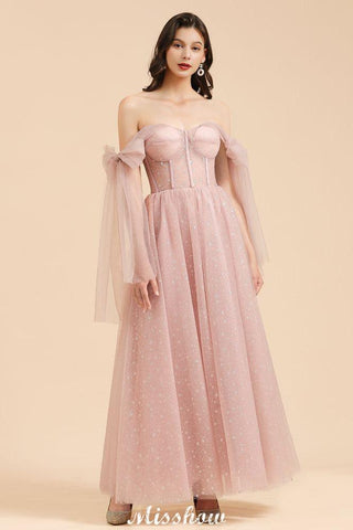 V-Ausschnitt Rüschen Chiffon Ärmel Aline Brautjungfernkleid Altrosa Hochzeitspartykleid