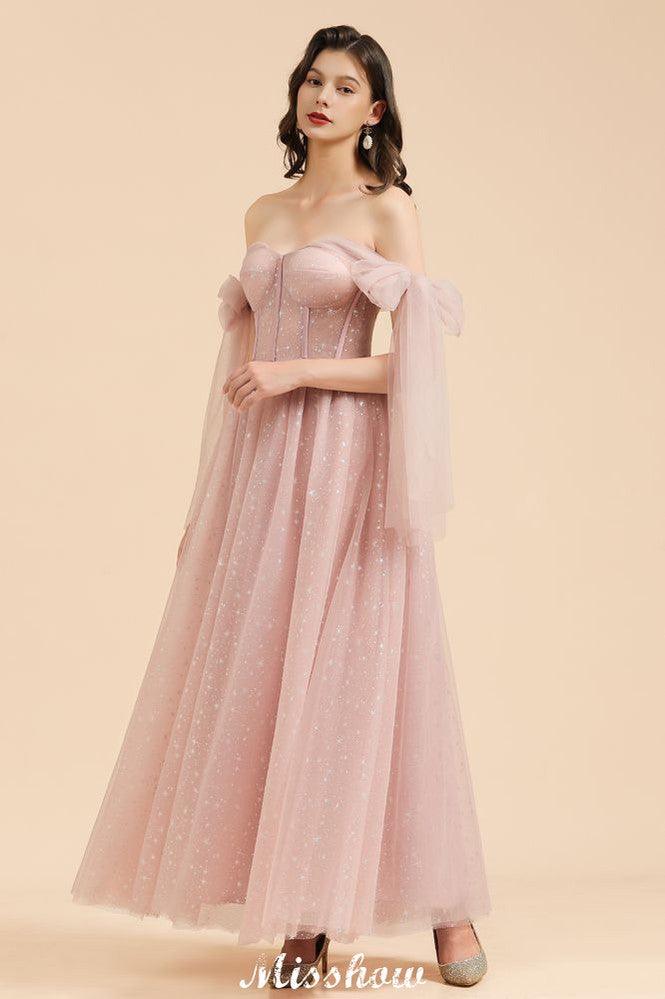 V-Neck Ruffle Chffion Sleeves Aline Bridesmaid Dress Dusty Pink Wedding party Dress