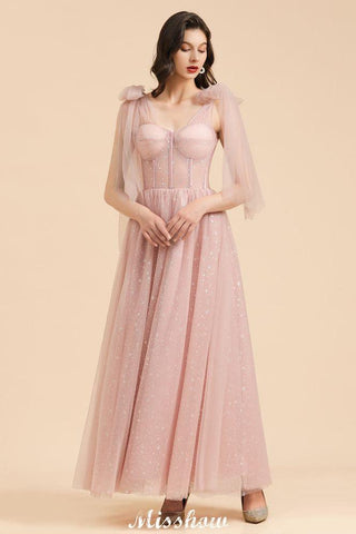 V-Ausschnitt Rüschen Chiffon Ärmel Aline Brautjungfernkleid Altrosa Hochzeitspartykleid