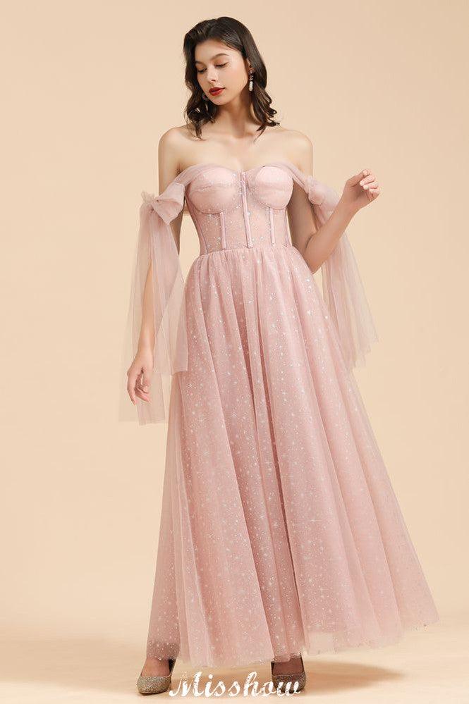 V-Neck Ruffle Chffion Sleeves Aline Bridesmaid Dress Dusty Pink Wedding party Dress