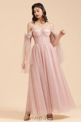 V-Ausschnitt Rüschen Chiffon Ärmel Aline Brautjungfernkleid Altrosa Hochzeitspartykleid