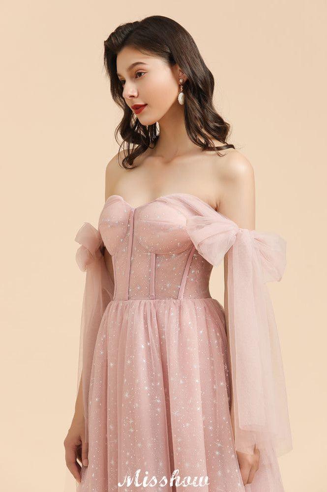 V-Neck Ruffle Chffion Sleeves Aline Bridesmaid Dress Dusty Pink Wedding party Dress
