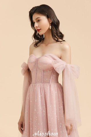 V-Ausschnitt Rüschen Chiffon Ärmel Aline Brautjungfernkleid Altrosa Hochzeitspartykleid