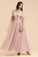 V-Neck Ruffle Chffion Sleeves Aline Bridesmaid Dress Dusty Pink Wedding party Dress