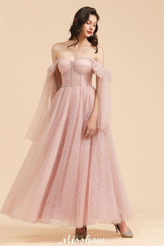 V-Ausschnitt Rüschen Chiffon Ärmel Aline Brautjungfernkleid Altrosa Hochzeitspartykleid